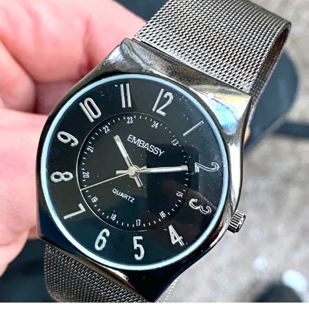 EMBASSY Mens Watch  Black Metal Mesh Band Large Numbers